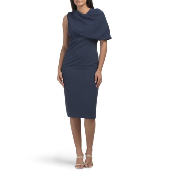 BADGLEY MISCHKA Navy Pleated One Shoulder Cocktail Dress